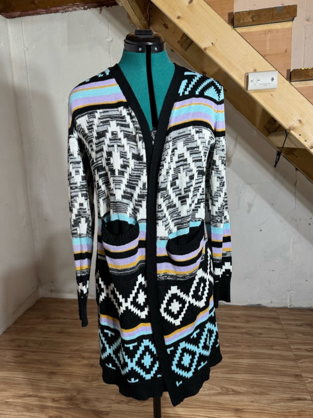 No Boundaries Patterned Open-Front Cardigan Sweater in Black, White & Pastel - Picture 8 of 11